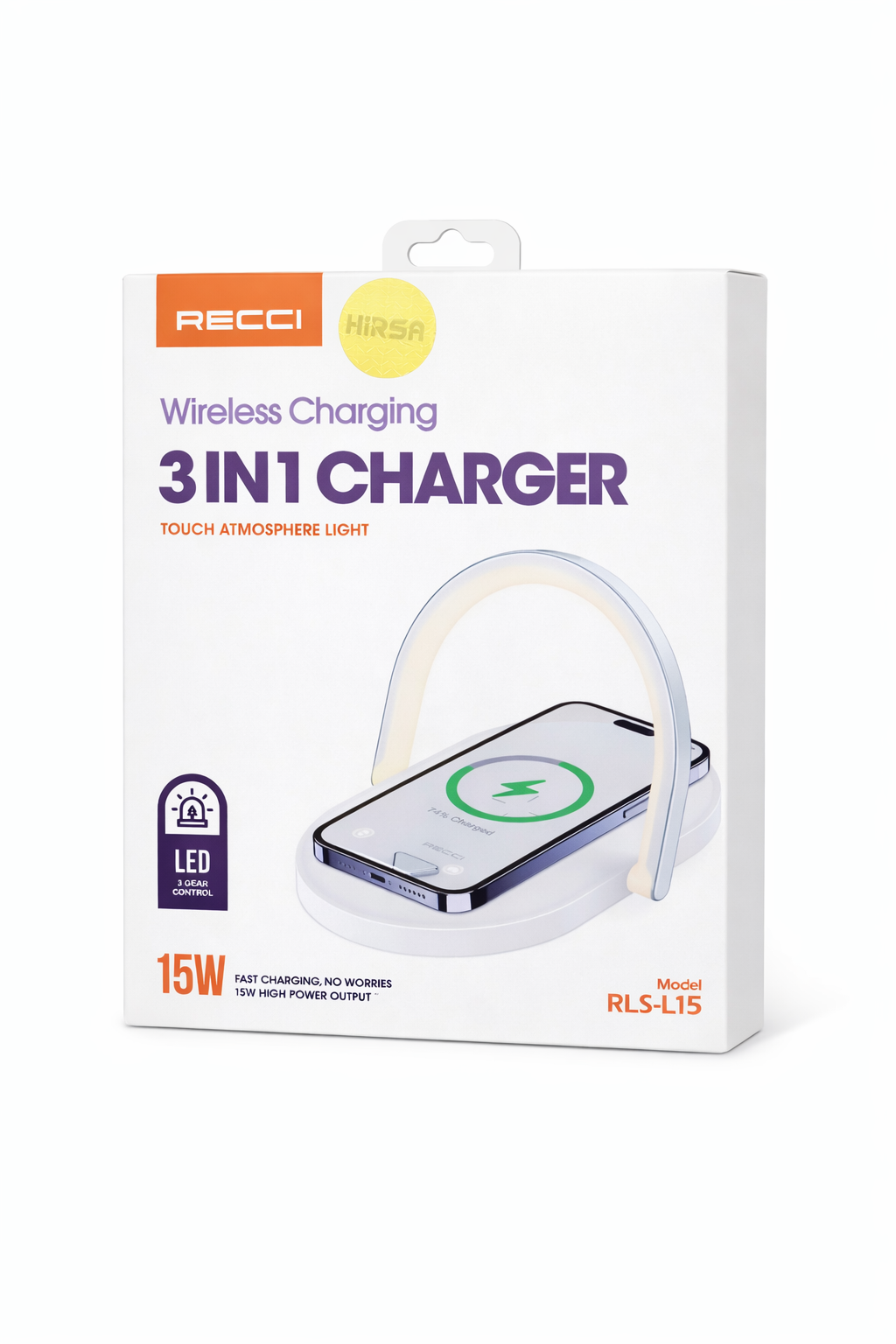 شارژر بی‌سیم ۳کاره RECCI مدل RLS-L15 با توان 15 وات و چراغ LED لمسی